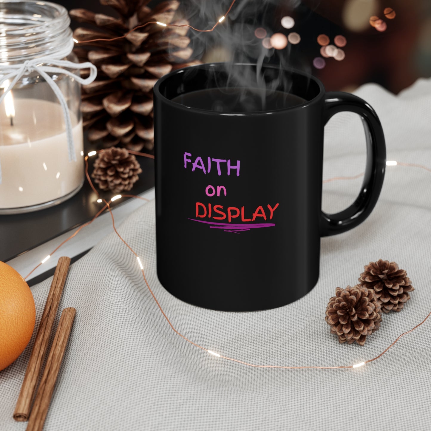 faith on Display Logo 11oz Black Mug, Kitchen and home, Seasonal picks