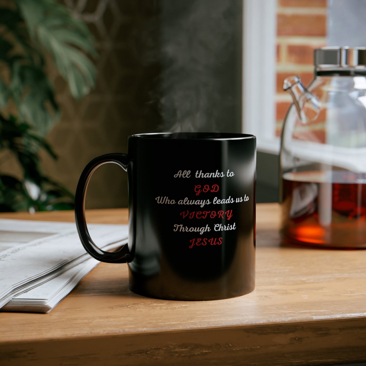 Victory in Christ 11oz Black Mug, Kitchen and home, Coffee mug,