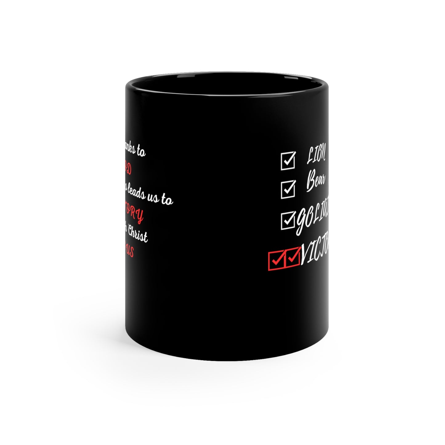 Victory in Christ 11oz Black Mug, Kitchen and home, Coffee mug,