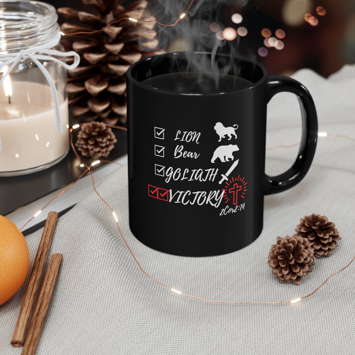 Victory in Christ 11oz Black Mug, Kitchen and home, Coffee mug,