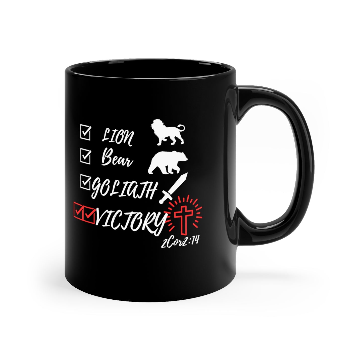 Victory in Christ 11oz Black Mug, Kitchen and home, Coffee mug,